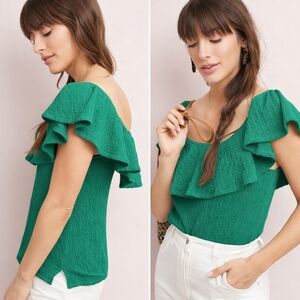 Anthropologie Emerald Green Boho Ruffle Sleeve Textured Cotton Blend Blouse Med